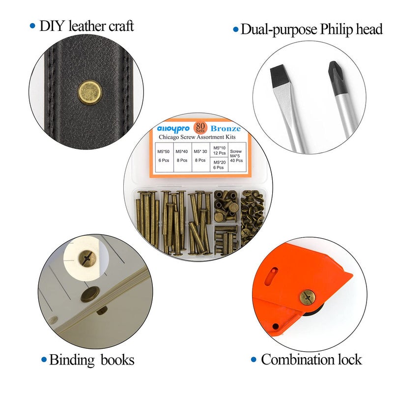 ALLOYPRO 80 Pcs Phillips Chicago Binding Screws M5 x 10/20/30/40/50mm Bronze Scrapbook Extenders Post Binding Barrels and Screws Assortment Kit for Scrapbook Photo Albums/Book Binding - Image 5